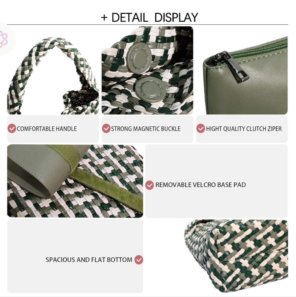 Stylish Vegan Leather Hand Woven Tote Bag Green Cream Handbag Shoulder Purse - Picture 9 of 15